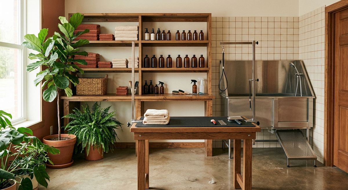 Quiet grooming room with a wooden table, shelves of folded towels and brushes, and a stainless steel wash tub