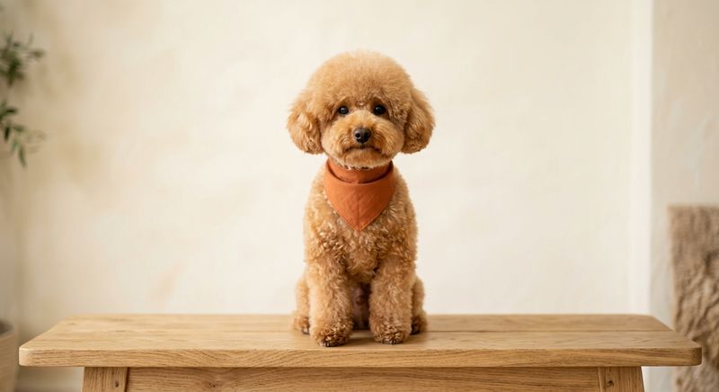 Freshly groomed apricot toy poodle in a rust bandana sitting on a wooden bench