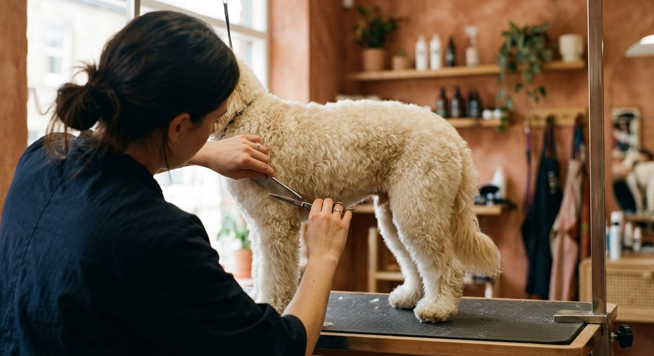 Groomer trimming a cream doodle with scissors on a grooming table in a warm terracotta salon
